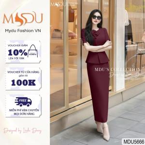 Váy Dáng Liền MDU5666 Chất Xước Thái Phối Cúc Mắt Cáo Với Phần Thân Trên Kiểu Peplum Nhẹ Từ MDU