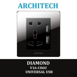 Architech Diamond V16-C06U Black Stop Kontak - Colokan Universal + USB