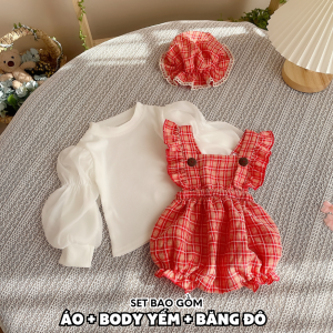 BD160 Set body yếm ca rô đỏ cho bé gái sơ sinh RIOKIDS quần áo đầy tháng thôi nôi cho bé đi chơi Lễ Tết