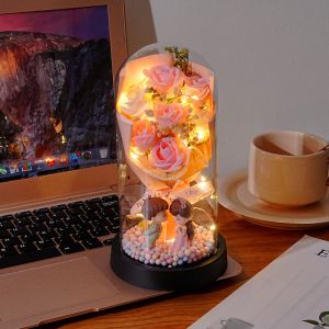 BESTOURO Đầy màu sắc Hoa hồng vĩnh cửu với Dây Đèn Tượng đôi tình nhân Đồ trang trí bàn làm việc Lãng mạn Trang trí phòng khách Đồ trang trí bó hoa hồng Quà tặng độc đáo
