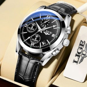 LIGE Watches Men Fashion Casual Analog Quartz Waterproof Chronograph Luminous Sport Brown Leather Jam Tangan Lelaki