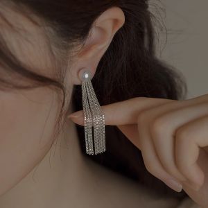 LL SILVER Korean Fashion Pearl tassel Long Style Elegant Earrings ES63736
