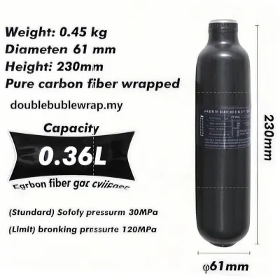 Carbon Fiber Scuba Tank M18x1.5 Thread 4350 PSI Lightweight Durable Aluminum Liner 0.36/0.42/0.5L Ideal for Diving High-Pressure Use Black ①