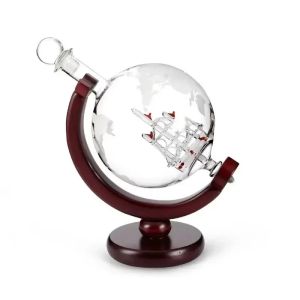 900ML Creative Globe Decanter Set with Lead-free Carafe Exquisite Wood Stand and 2 Glasses Whiskey Decanter Globe Grade Gift