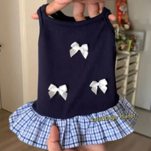 Thin Breathable Kitten Strap Top & Skirt Pet Dress - Bow Tie Decorated Cat School Style Anti-Shedding Clothes