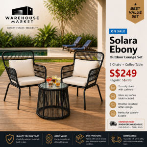 Outdoor Coffee Table Set | 2 Chairs + 1 Table | PE Rattan Patio Furniture | Balcony Garden Terrace Sofa Set | Cushions Included | Ready Stock Singapore