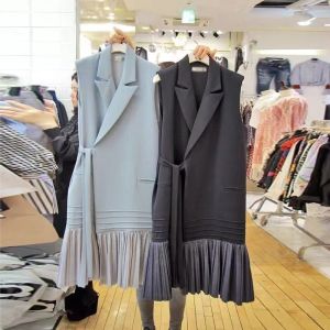 Korean version dress brand NUOVPAUL 2025new suit collar patchwork pullover pleated waist dress