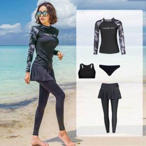 【Ready stock】4pcs / Set Baju Renang Rashguard Wanita Lengan Panjang Rok Untuk Surfing Pantai Berpasir