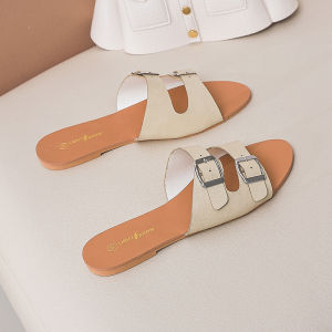 Fashion double buckle double shoulder solid color womens slippers flat beach sandals