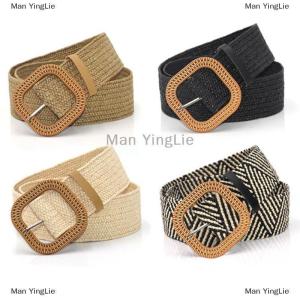 [COD] Man YingLie Summer Women Elastic Woven Belt Square Buckle Vintage Boho Straw Belt Dress Belt