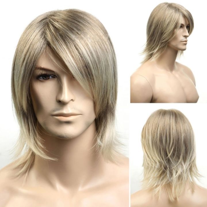 SEA GOAT 70s 80s Soft All-Match Men Cosplay Wigs Heat Resistant Fiber Hair Accessories Punk Blonde Disco Mullet Fluffy Wig Nightclub Bar Wig Retro Cosplay Wig Medium Length Synthetic Wigs Side Part Fashion Male Wig