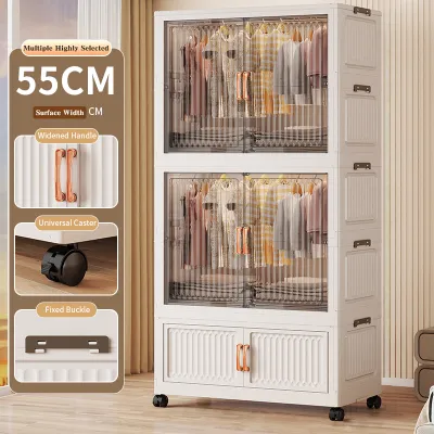 Foldable Plastic Wardrobe with Wheels Large Capacity Stackable Storage Cabinet Transparent Door Closet Organizer for Bedroom