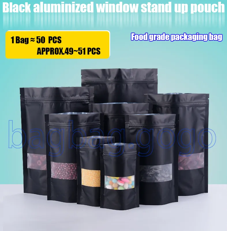 50PCS Food seal pocket black aluminized window Stand Up Pouch with Zip Lock  Packaging Plastic Sealing Bag Ziplock Pouch Resealable Clear Front