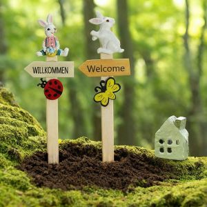 CHUAN Cartoon Bunny Easter Welcome Standing Sign Resin Wooden Stakes Lawn Ornament Creative DY Garden Landscape Decoration Party Decoration