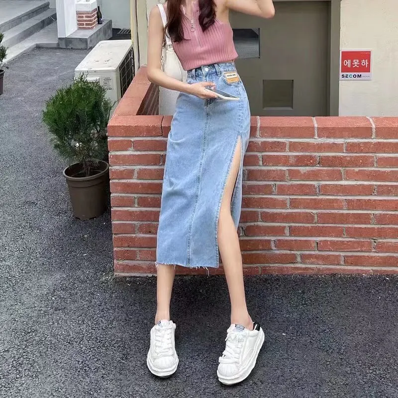 S 5XL slit hip hugging skirt spring denim skirt with irregular design high waisted A line slimming mid length skirt Lazada Singapore