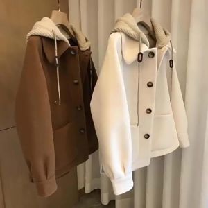 Shipped from China [BIN] European Version Extra Large Size 300 Autumn Winter Womens Patchwork Hooded Wool Coat Vintage Loose Jacket Fake Two-Piece Women