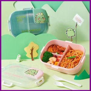 Kids Lunch Box Cartoon Dinosaur Bento Box with Spoon and Fork Student Food Containers Bekas Makanan