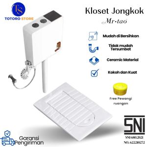 Kloset Jongkok Mr.Tao 1Set Dengan Penutup Kloset Otomatis + Energy Saving Water Tank Bahan Keramik Warna Putih Toilet Jongkok Hemat Air (FREE JET SHOWERSELANGSTOP KRAN BUBBLE WRAP DAN PACKING KAYU)