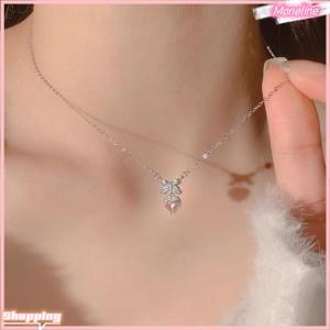 [Moneline] Zircon Bowknot Heart Pendant Necklaces Pink Heart Ladies Girls Fashion Elegant Clavicle Chain For Women Jewelry