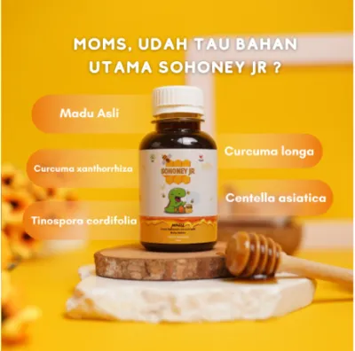 1Sohoney Jr adalah produk herbal alami untuk meningkatkan nafsu makan anak yang diformulasikan dari Madu Ekstrak Temulawak Kunyit Pegagan