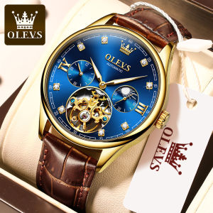 OLEVS mechanical watch for men original genuine leather 30m waterproof stopwatch luminous hollow multi function dial fashion business casual watch for mens