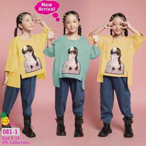 Little pineapple setelan kaos celana jeans Aracelia Viral anak 4-9Y