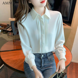 Ammin 2023 mùa thu mới đơn giản ve áo thời trang Xếp Li kéo ra đơn Áo cardigan ôm ngực dài tay đi lại áo voan cho phụ nữ phong cách Hàn Quốc Trắng OL Áo Blouse thanh lịch
