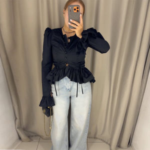 Ruffles Drawstring Fitted Shirts Women O Neck Single Breasted Flare Long Sleeves Blouse Female 2026 Spring Summer Chic Solid Top2026