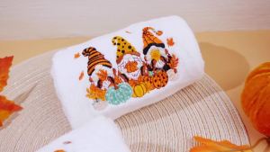 2 Pack Thanksgiving Gnomes Bathroom Hand Towels 100% Cotton Embroidery 14 x 29 in Gnome Bath Hand Towels Bathroom Set Decorations Fall Thanksgiving Dish Fingertip Cloth Holiday Kitchen Decor
