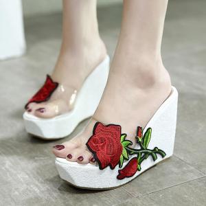 MANXIXI Brand Korean Version Slippers Rose Embroidery Pattern Fashion Wedge Sandals 4.33 Inches High Heels Shoes For Women (34-40 Size)