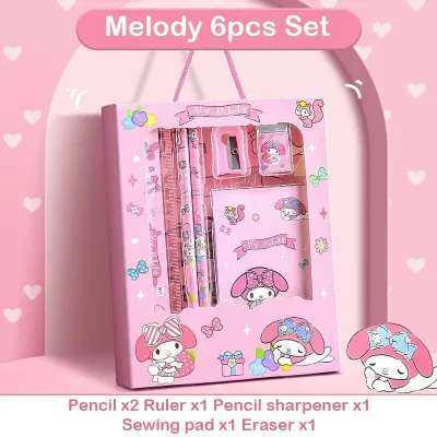 12PCS Kids Sanrio Stationery Set Kuromi Melody Pencil Case Eraser Ruler Crayons Set with Gift Box