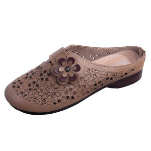 Soft Leather Hollow Breathable Soft-Soled Half-Slippers For Middle-Aged And Elderly Women Summer Casual Versatile Non-Slip Comfortable Mom Shoes