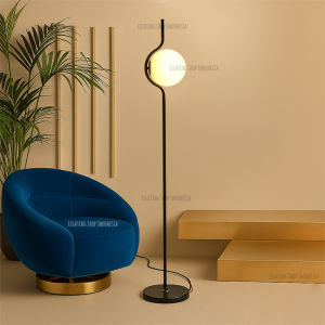 Lampu standing tinggi 165cm kaca susu modern minimalis gold hitam hias kamar hotel ruang tamu stand floor lamp