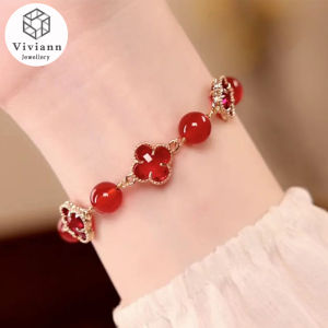Viviann Original Onyx Chalcedony Clover Bracelet Real Gold Plated Adjustable Jade Crystal Beads Strand Bracelets For Women Valentines Gift Wedding Jewelry Gold Pendant Bracelet Charm Jewelry