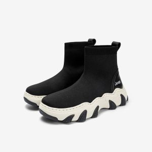 【Genuine】Jeep Womens Sock Shoes Autumn Winter New High-top Cotton Shoes Elastic Knit Short Boots Sock Slim Boots