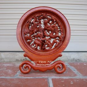 Tranh tứ linh kiểu đĩa tròn nguyên khối gỗ hương cỡ 3040cm