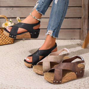 Plus Size Thick-Soled Height-Increasing Sandals For Women New Summer Style With Cross Rivet And External Velcro Design Wedge Heel Sandals