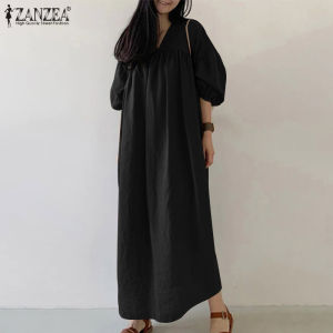 Esolo ZANZEA Womens Short Sleeve V Neck Long Dress Plain Casual Loose Kaftan Maxi Dresses
