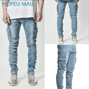 HOPEU Skinny Ripped Jeans for Men Long Pants Man Torn Slim Fit for Men Multi-pockets Little Feet Elastic Stretch Jogger Cargo Jean Skinny Long Black Jins Pants Denim Trousers 牛仔裤男