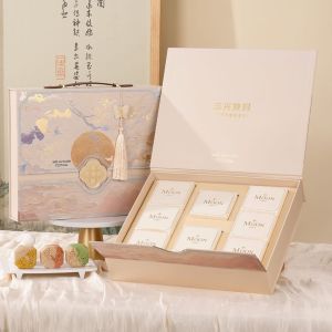 TANFU แบบจีน กล่องของขวัญกลางฤดูใบไม้ร่วง คุณภาพสูง 6/8 ตาราง กล่องขนมไหว้พระจันทร์ กล่องพกพา หรูหรา กล่องบรรจุไข่แดงกรอบ ของขวัญที่ให้