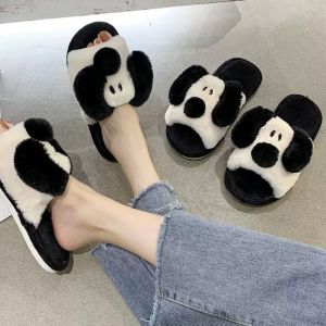 RIVVY Soft Plush Dog Slippers Winter Thicken Warm Home Cotton Shoes Houseshoes Cute Cartoon Furry Slippers Women Men