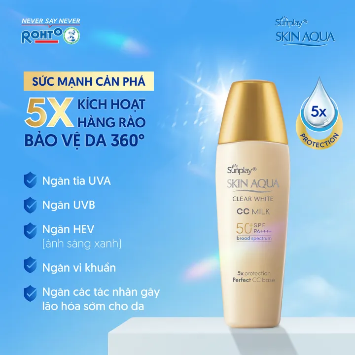 Kem chống nắng Skin Aqua trang điểm tạo nền trắng mịn & đều màu dạng sữa Sunplay Skin Clear White CC Milk SPF 50, PA++++ 25g