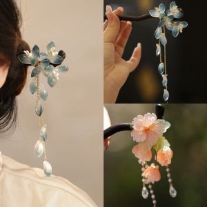 REEBO Tassel Wooden Hair Stick Chinese Style Flower Hanfu Hairpin Cute Hair Accessories For Girl