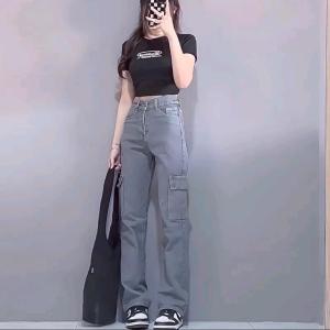 Celana Cargo Jeans Wanita Highwaist Loose Pants Korean Style Hitam Panjang