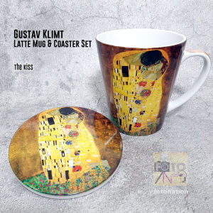 Latte Mug 12 oz and Ceramic Coaster Set. Famous Art Series: The Kiss by Gustav Klimt