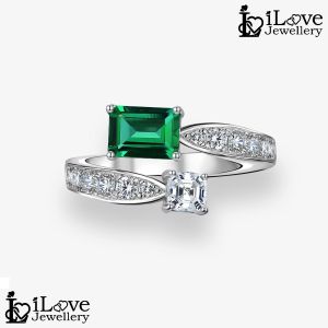 iLove Jewellery 925 Sterling Silver 18K White Gold Plated Adjustable Ring 1.0ct Lab Created Emerald Cubic Zirconia Diamond Gifts for Women Fashion ILR060