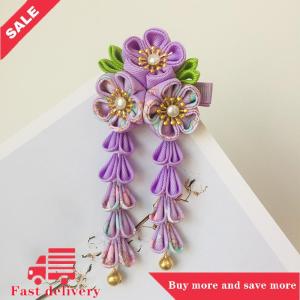 [COD] Japanese Kimono Fabric Flower Folding Fan Children Hair Accessories Clip Tassel Headwear Headdress Barrette
