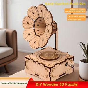 WAPKTY DIY Creative Gramophone Music/Voice 9 Styles Phonograph Musical Potential Box Wood 3D Puzzle Music Box