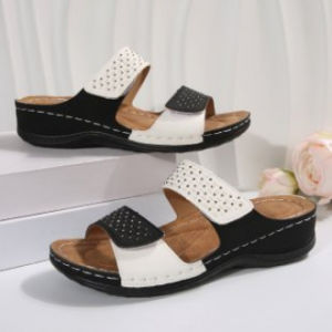 【Free Shipping】Plus-Size Hollow-Out Thick-Soled WomenS Retro Stitched Wedge Sandals Lightweight Beach Slide Sandals