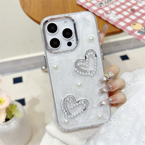 【2IN1】Electroplating Pearl Love Epoxy Rubber Luxury Phone Case For iPhone 12/13/14/15/16 ProMax can be used with bracelet 16Pro/16Plus for girls